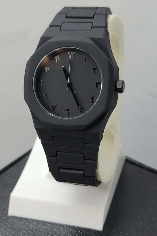 Arabic Aura Black Watch featuring matte black dial, carbon fiber case