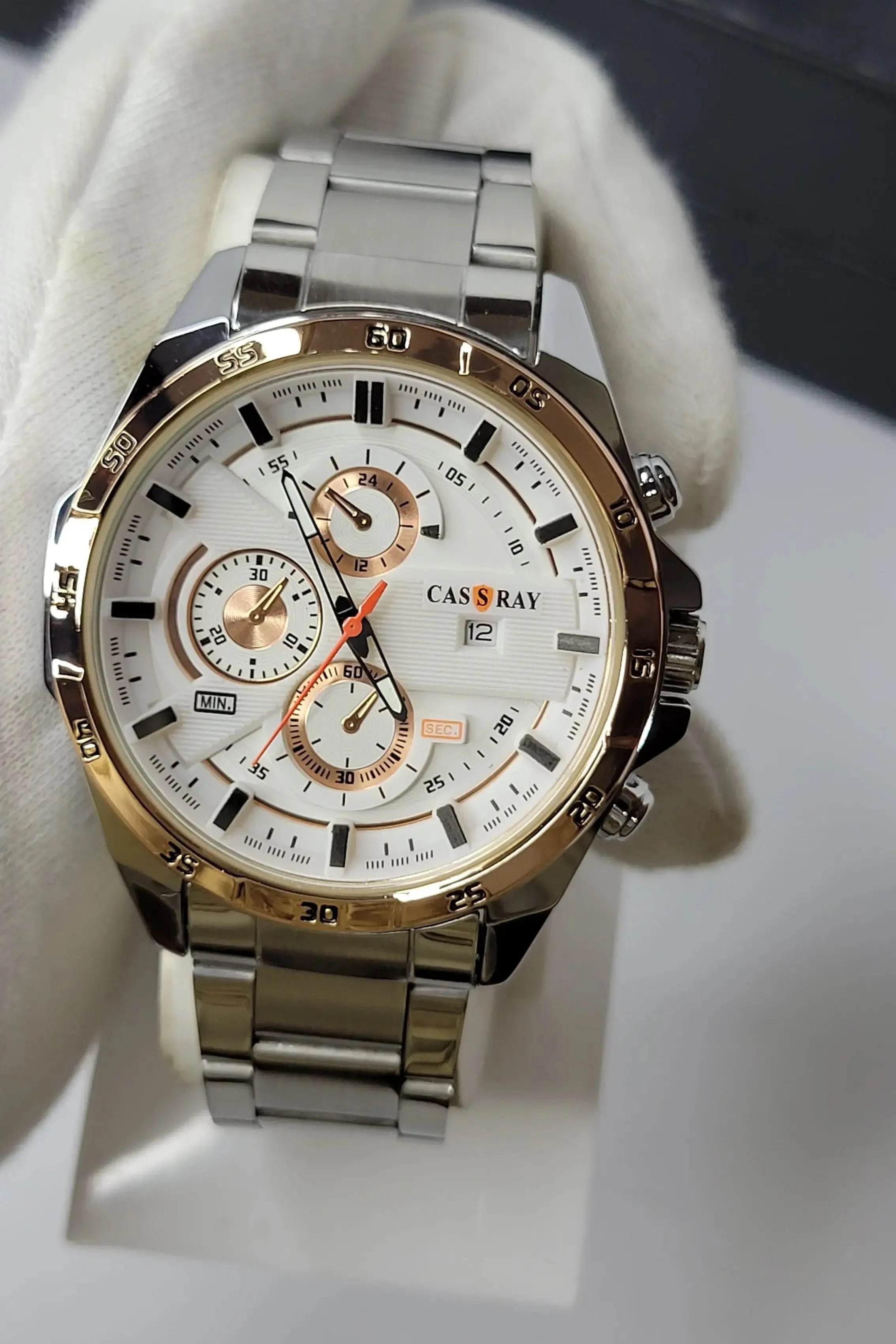 Cassray Chronograph Style Watch with multifunction analog display, black dial, and stainless steel case.