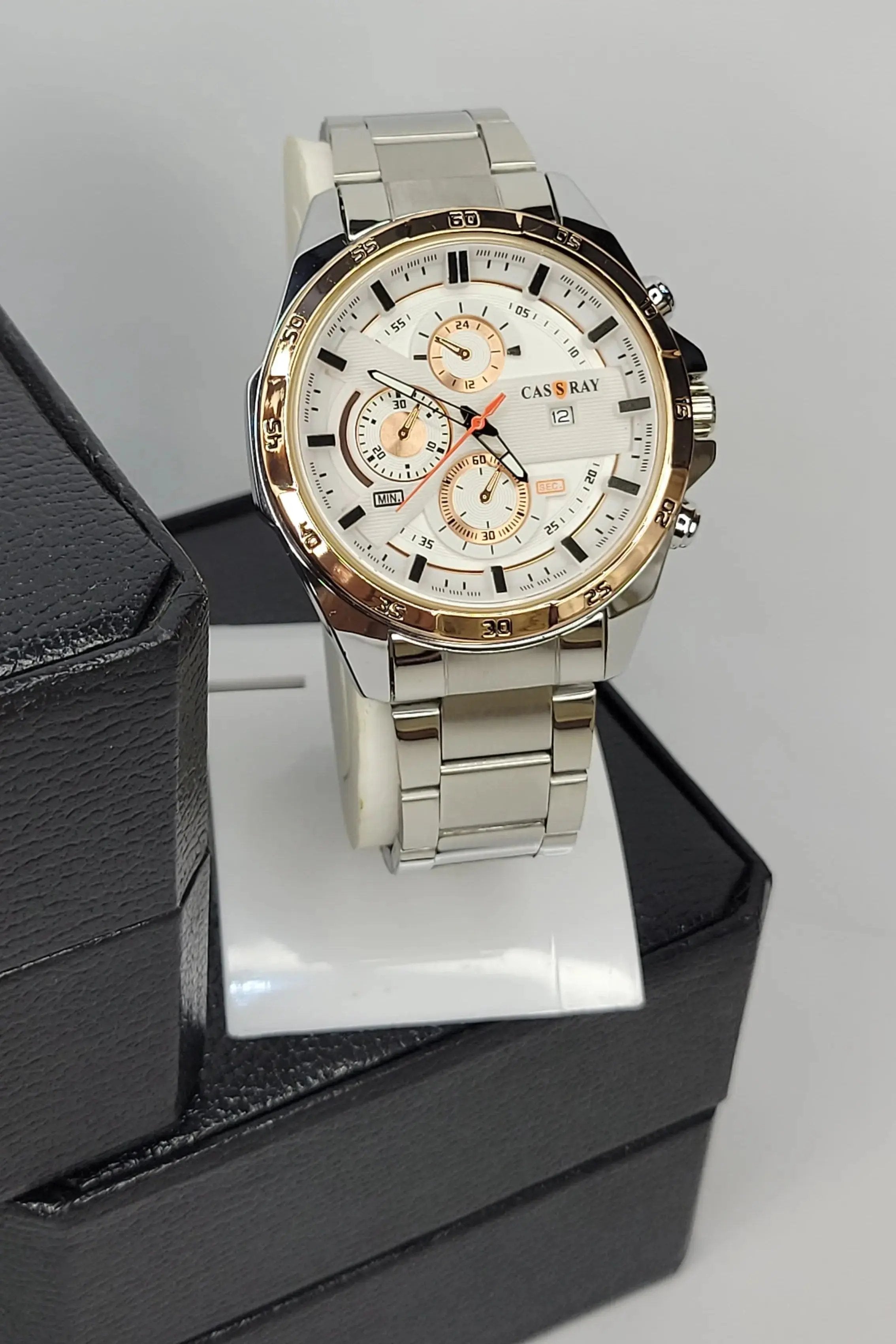 Side profile of Cassray Chronograph Style White Dial Watch with Premium box