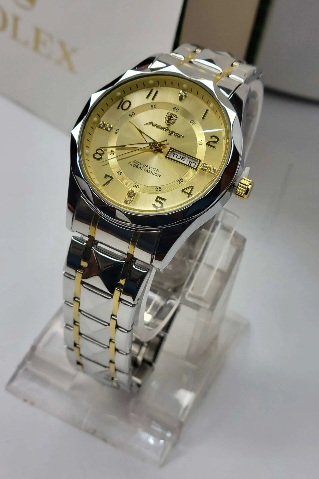 Poedagar men’s luxury watch with gold dial and date display 