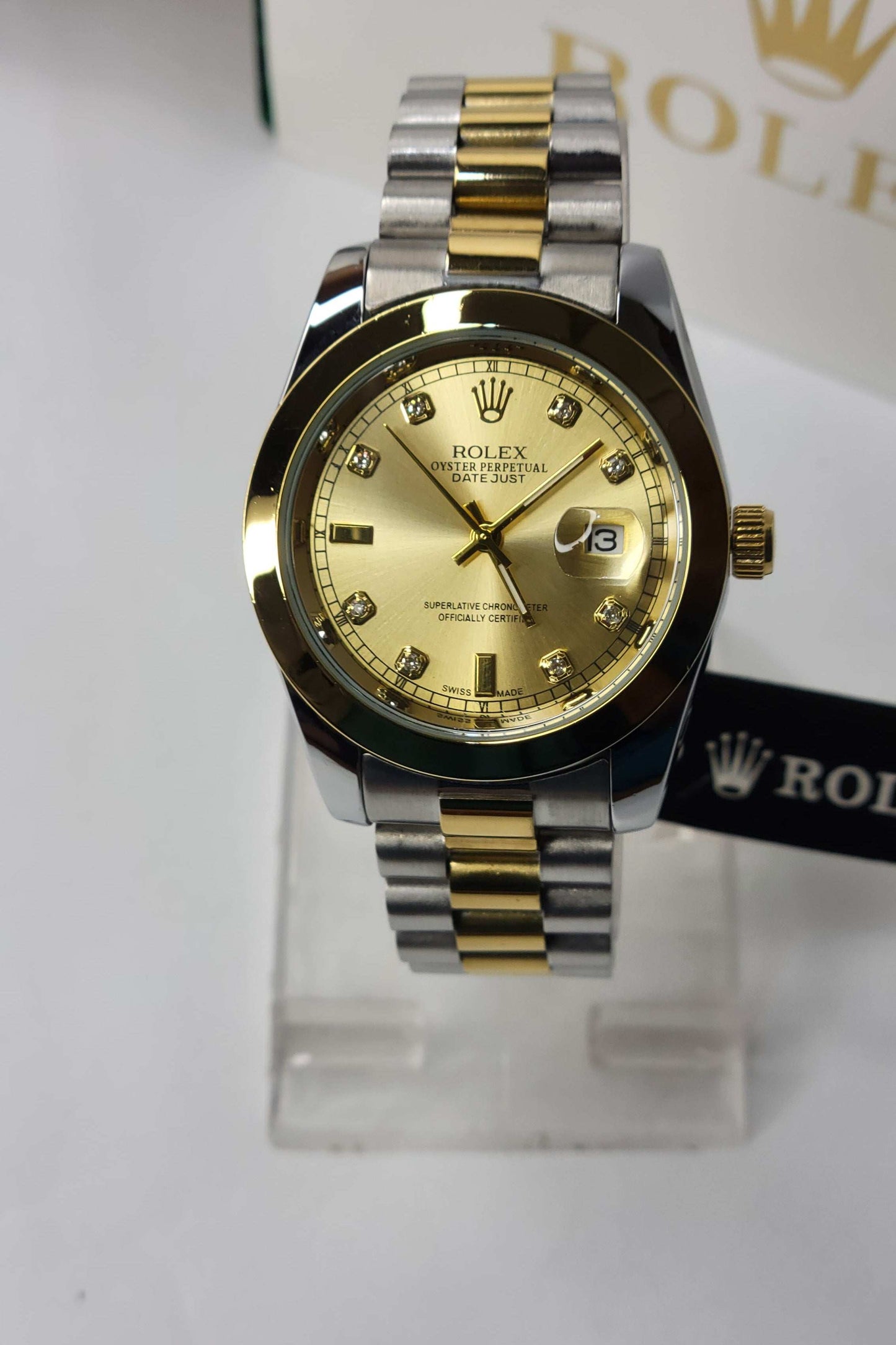 Rolex Two Tone men’s watch with gold dial and diamond markers