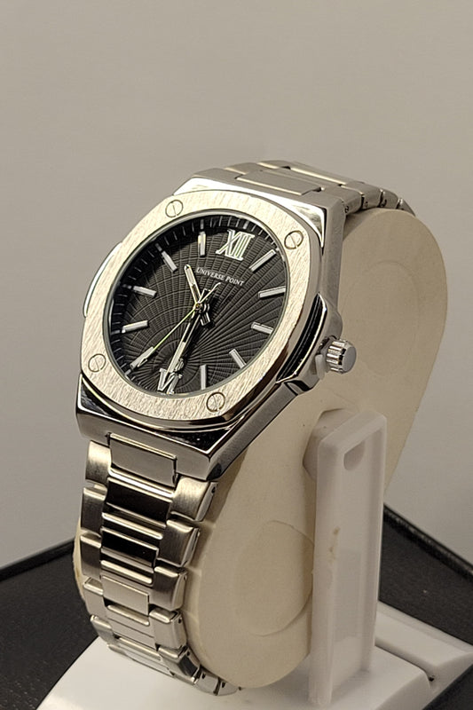 Side profile of Universe Point Matte Black Watch showing black stainless steel strap and crown.
