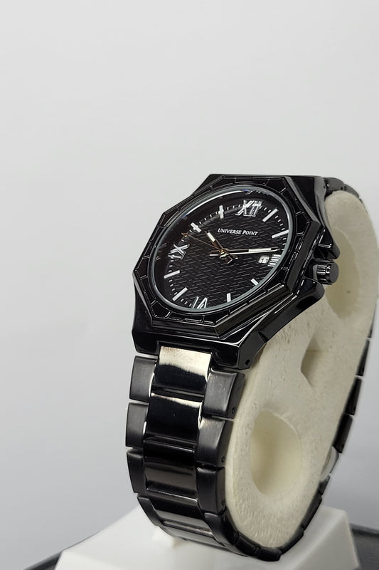 Side profile of Universe Point Premium Black Watch showing black stainless steel strap and crown design